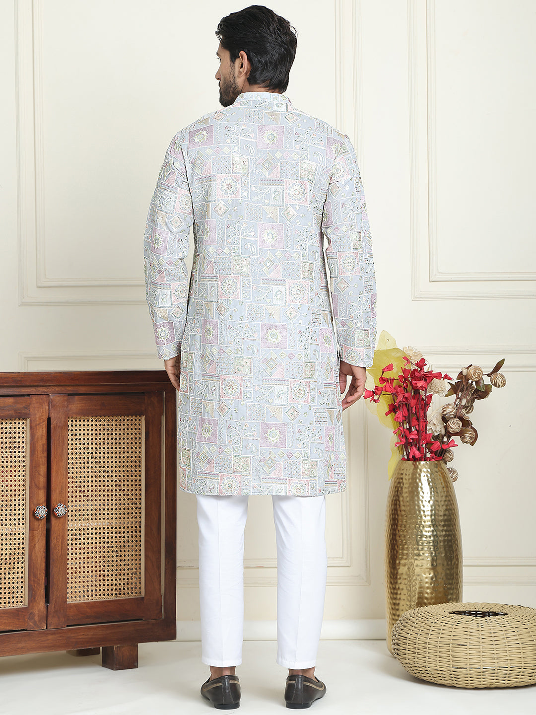 Embroidered Straight Kurta Pyjama For Men ( JOKP P 5202 Blue )