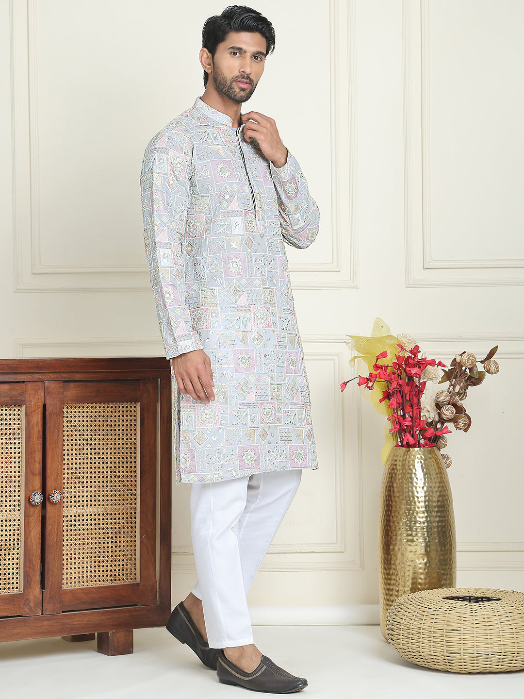 Embroidered Straight Kurta Pyjama For Men ( JOKP P 5202 Blue )