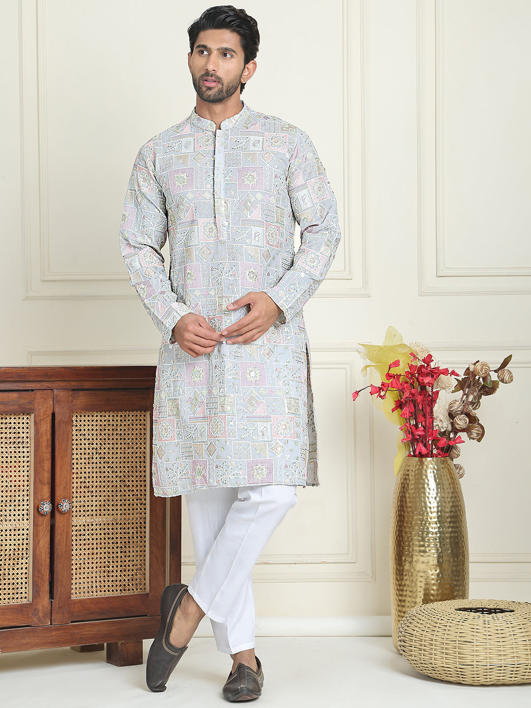 Embroidered Straight Kurta Pyjama For Men ( JOKP P 5202 Blue )