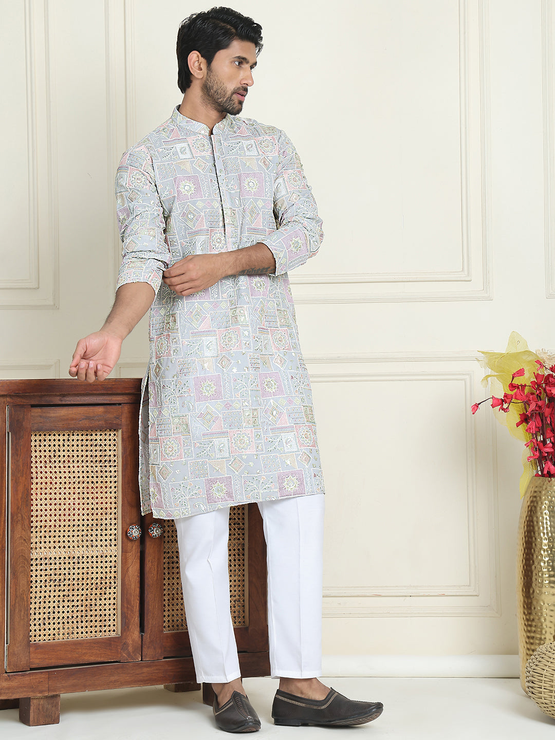 Embroidered Straight Kurta Pyjama For Men ( JOKP P 5202 Blue )