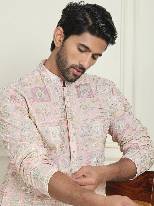 Embroidered Straight Kurta Pyjama For Men ( JOKP P 5202 Peach )