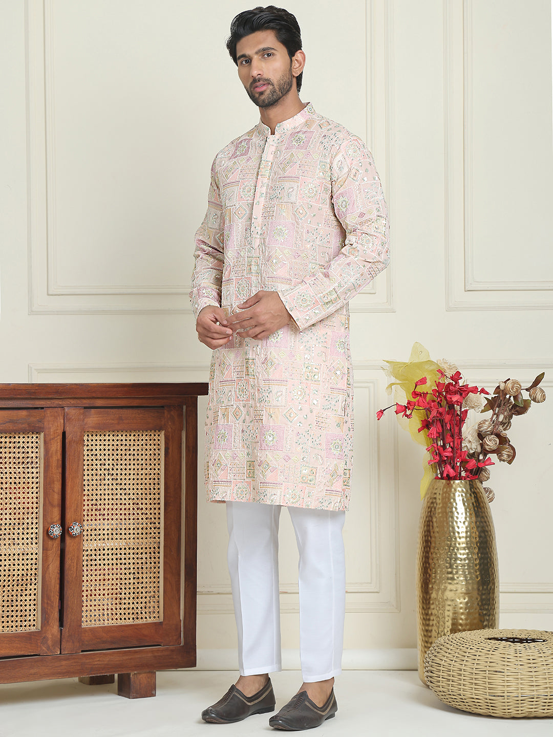 Embroidered Straight Kurta Pyjama For Men ( JOKP P 5202 Peach )
