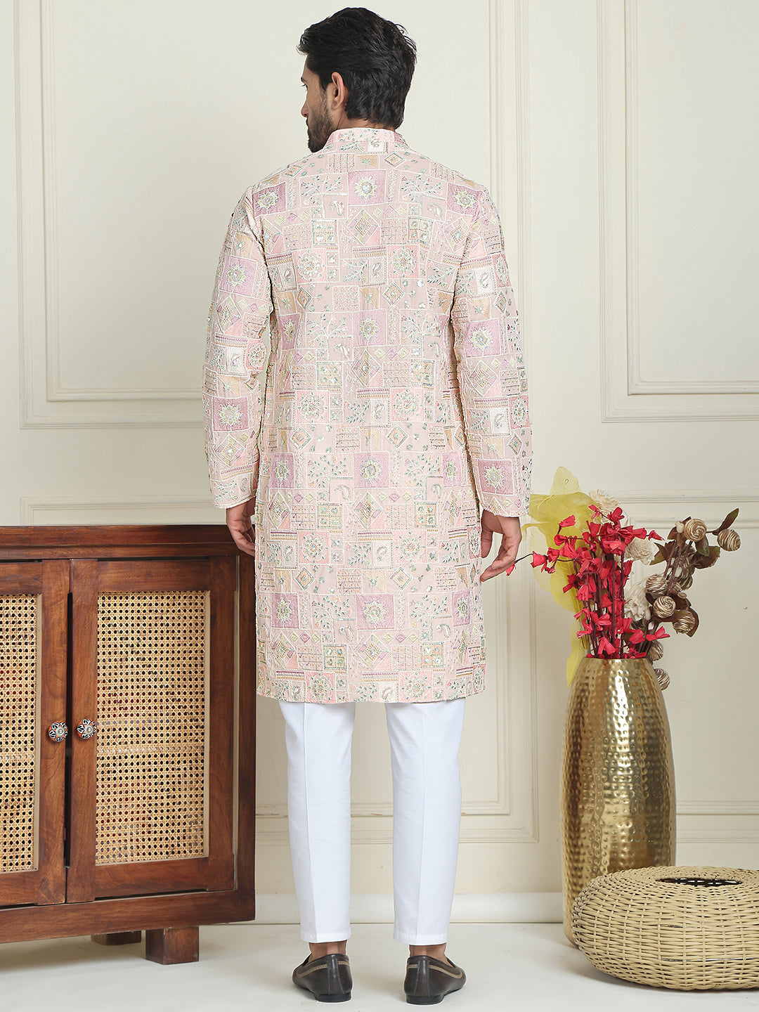 Embroidered Straight Kurta Pyjama For Men ( JOKP P 5202 Peach )