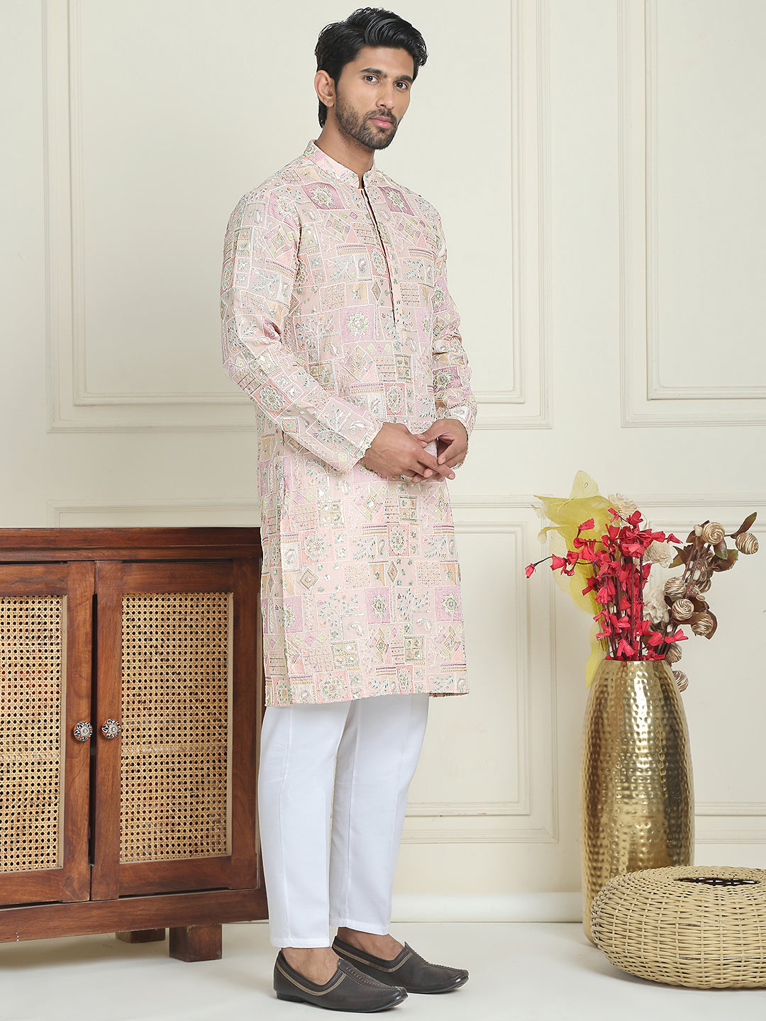 Embroidered Straight Kurta Pyjama For Men ( JOKP P 5202 Peach )