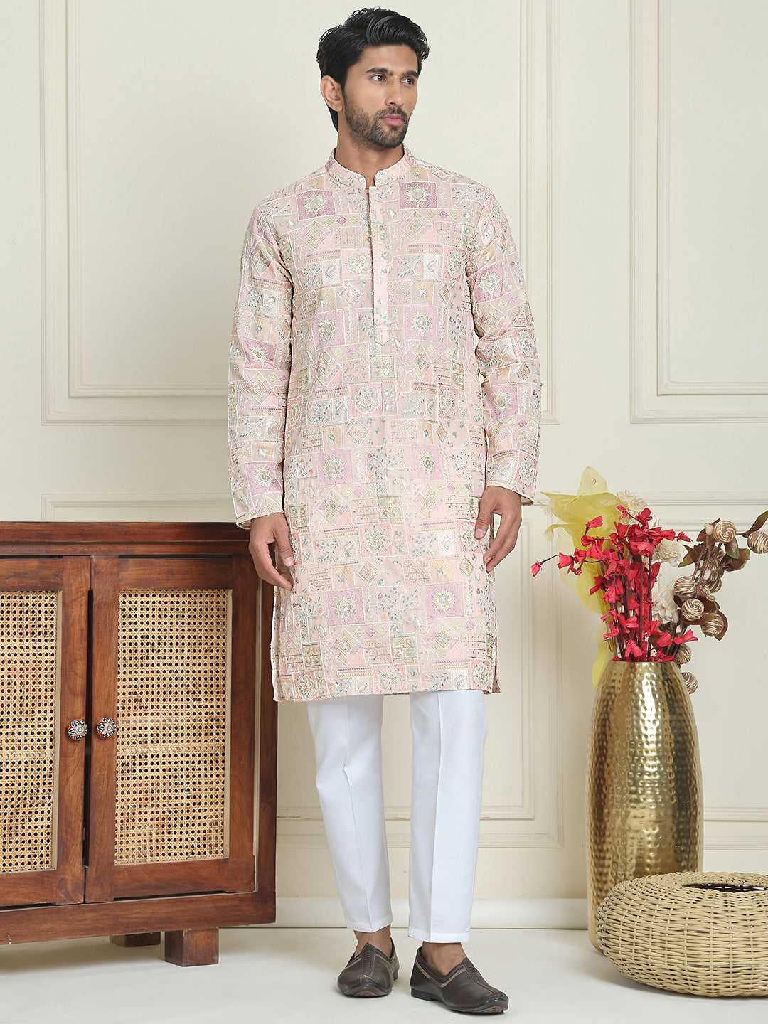 Embroidered Straight Kurta Pyjama For Men ( JOKP P 5202 Peach )
