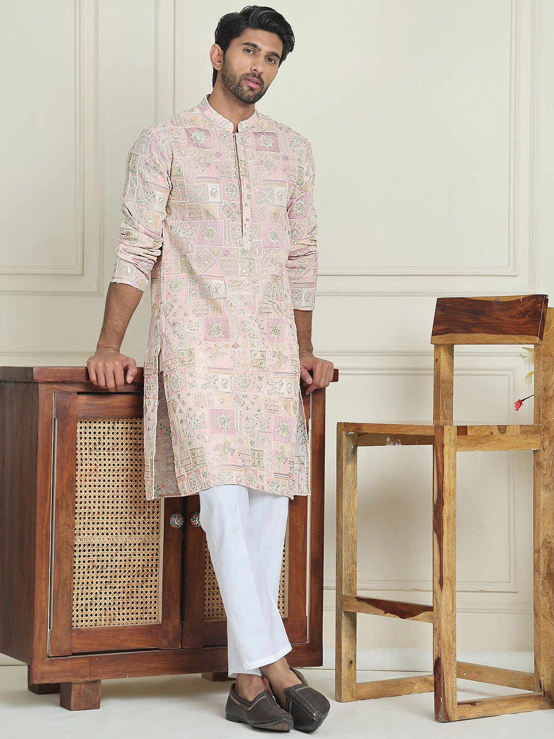 Embroidered Straight Kurta Pyjama For Men ( JOKP P 5202 Peach )