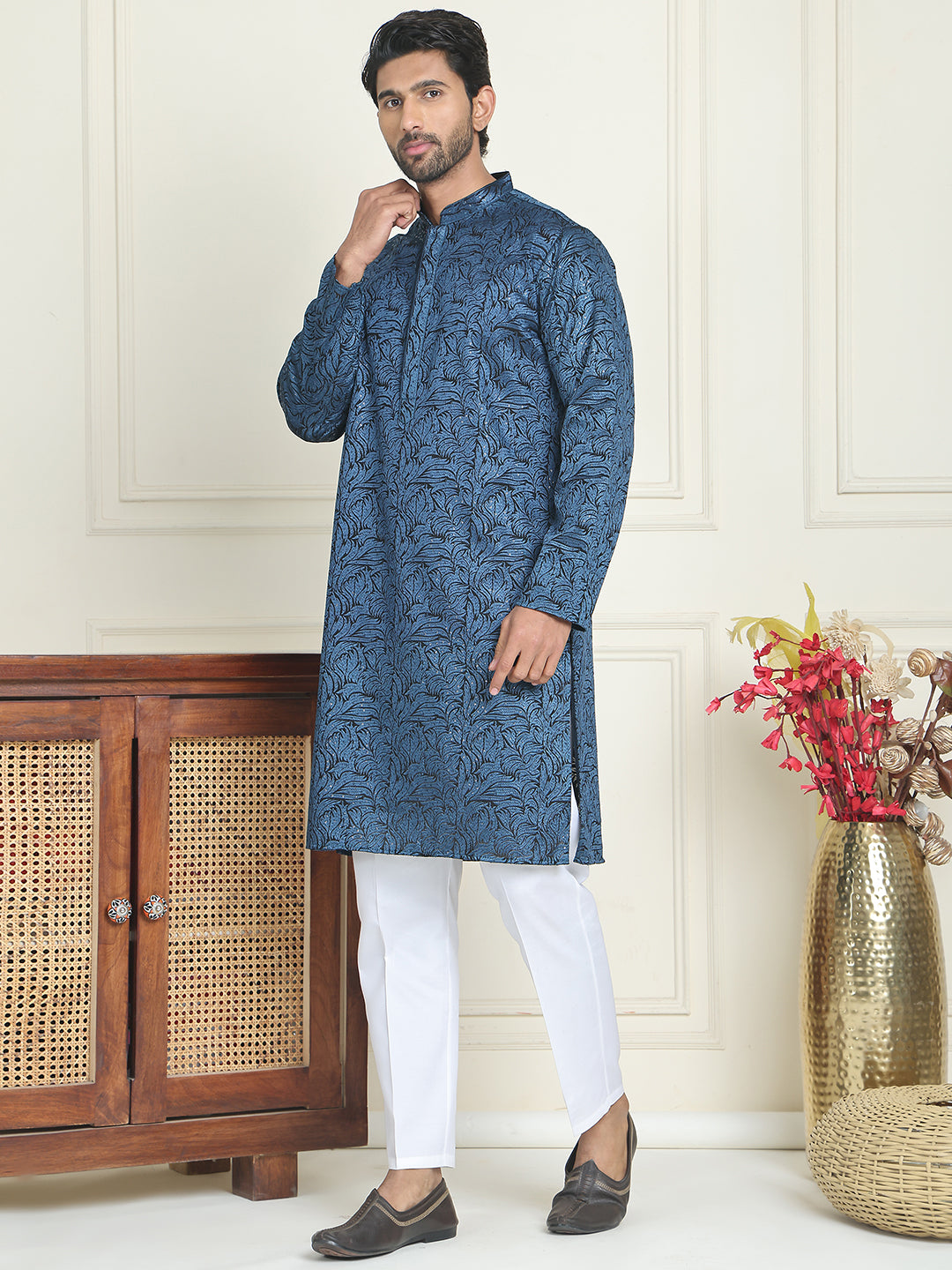 Embroidered & Sequins Straight Kurta with Pyjamas ( JOKP P 5205 Peacock )