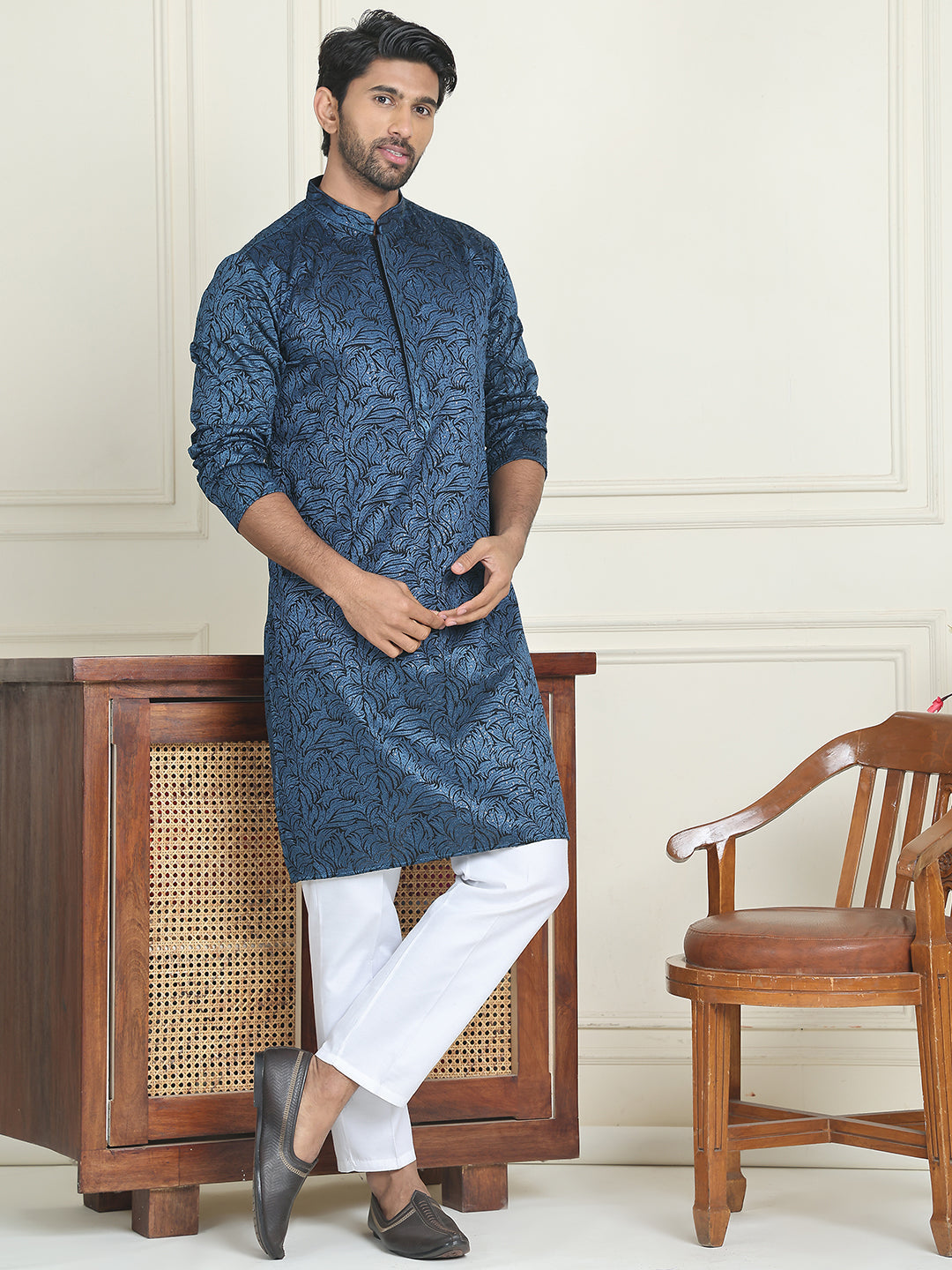 Embroidered & Sequins Straight Kurta with Pyjamas ( JOKP P 5205 Peacock )