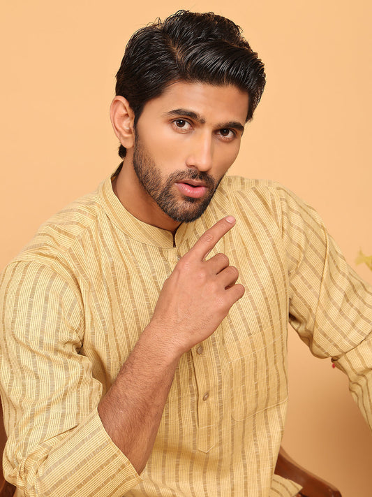 Men's Cotton Striped Kurta Pyjama Set ( JOKP P 5207 Beige )