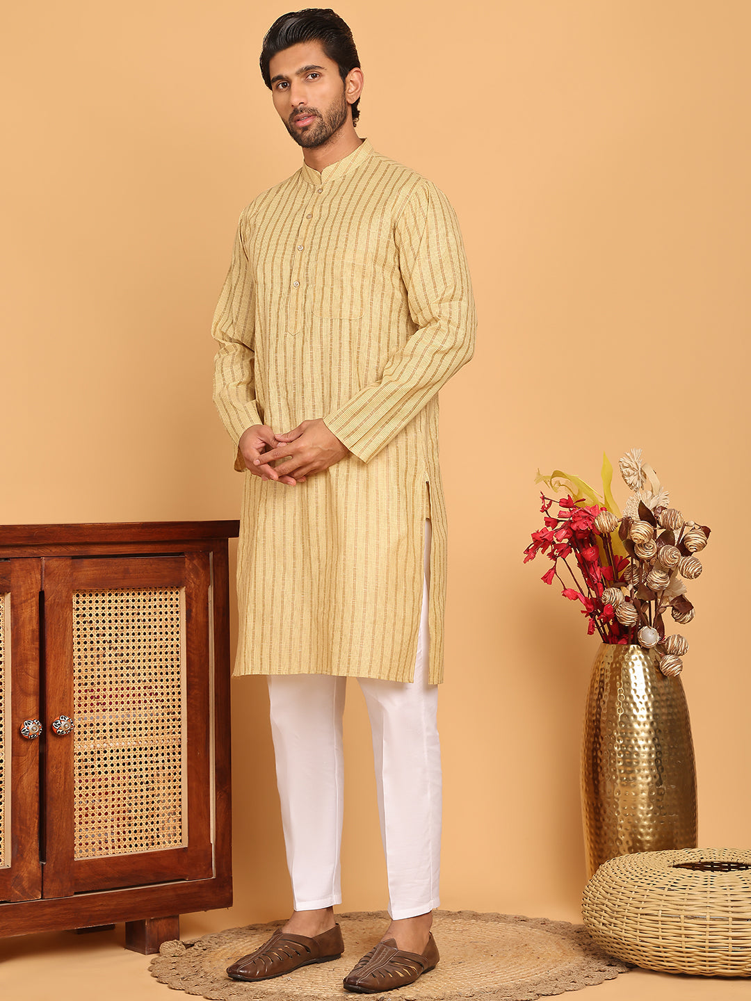 Men's Cotton Striped Kurta Pyjama Set ( JOKP P 5207 Beige )