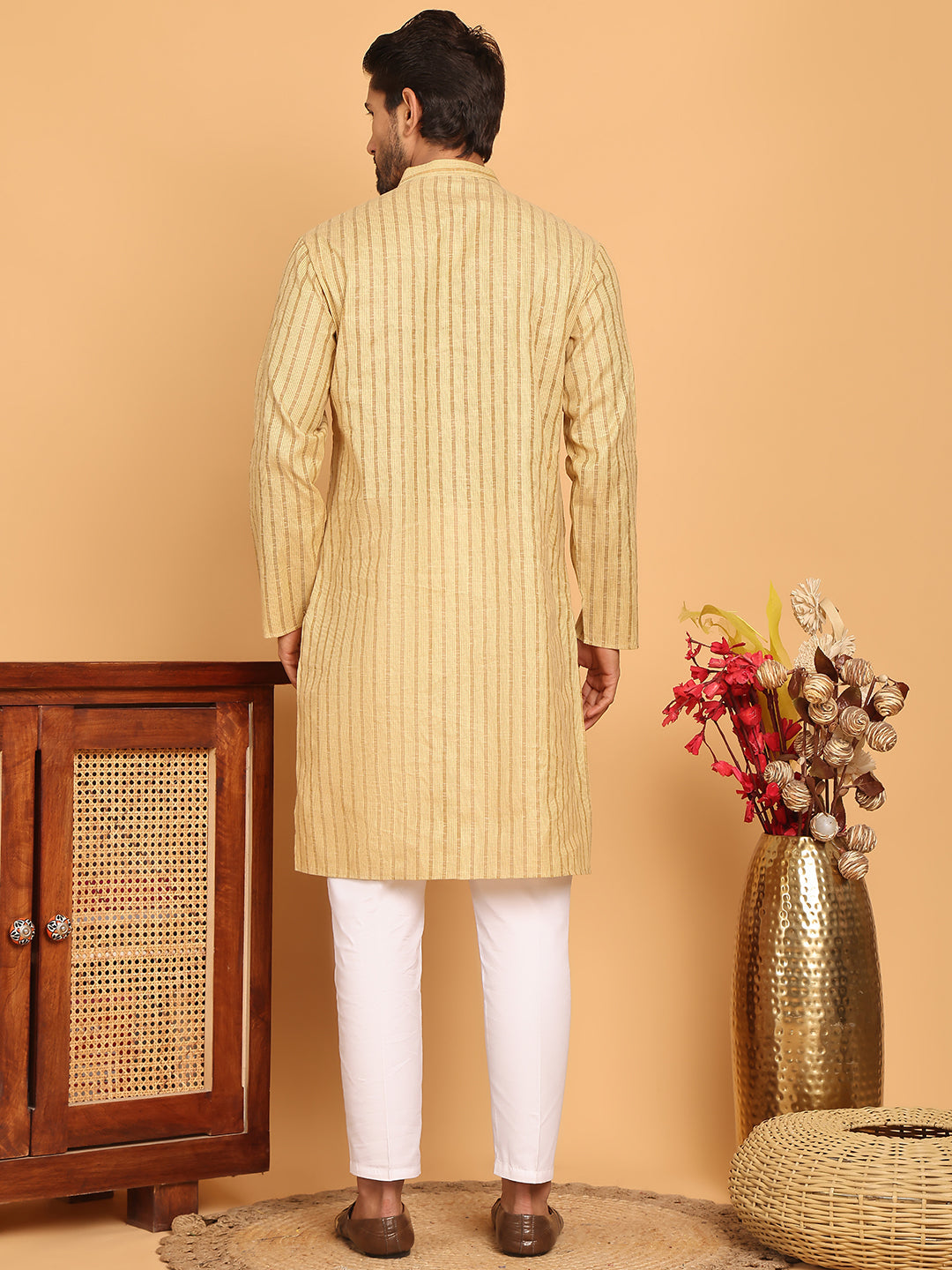 Men's Cotton Striped Kurta Pyjama Set ( JOKP P 5207 Beige )