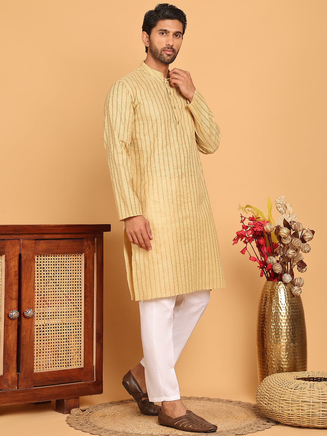 Men's Cotton Striped Kurta Pyjama Set ( JOKP P 5207 Beige )