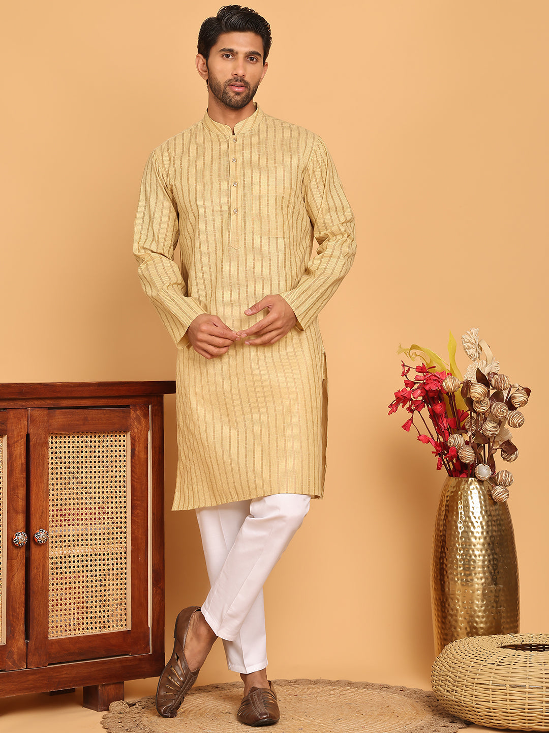Men's Cotton Striped Kurta Pyjama Set ( JOKP P 5207 Beige )