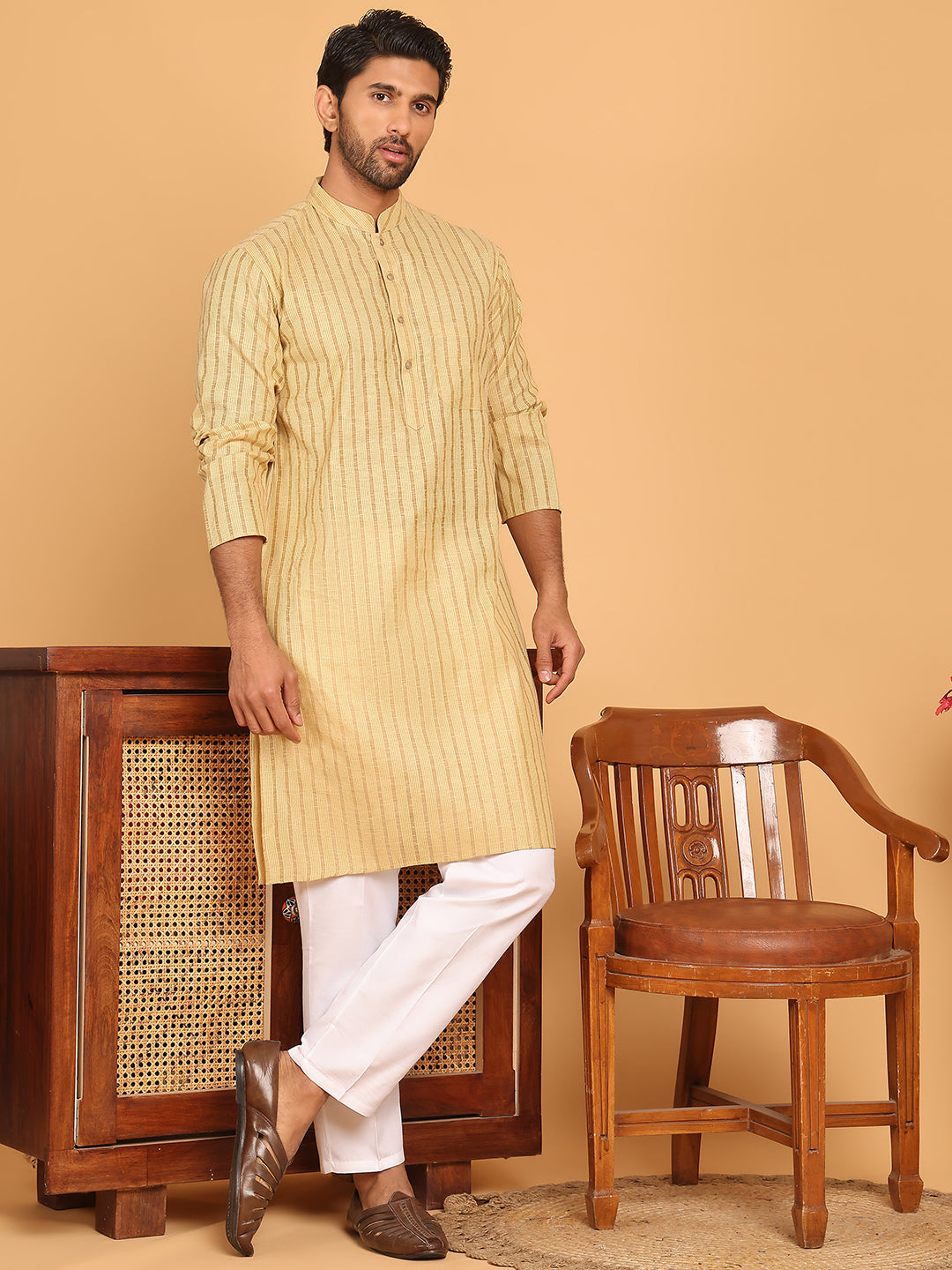 Men's Cotton Striped Kurta Pyjama Set ( JOKP P 5207 Beige )