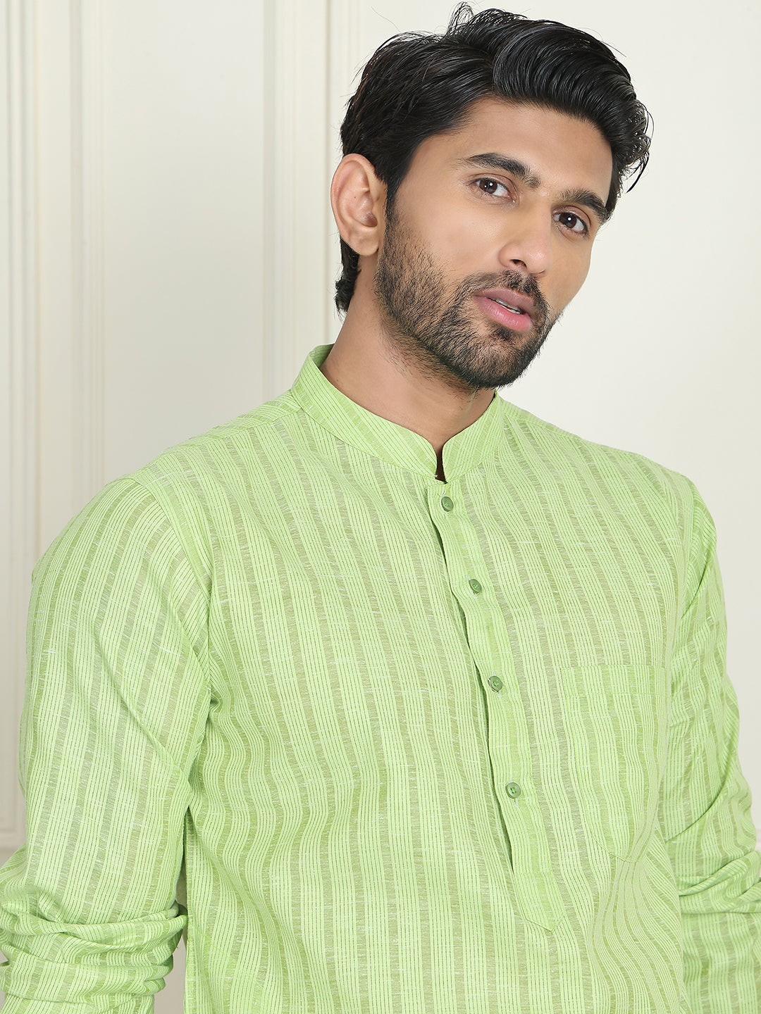 Men's Cotton Striped Kurta Pyjama Set ( JOKP P 5207 Green )