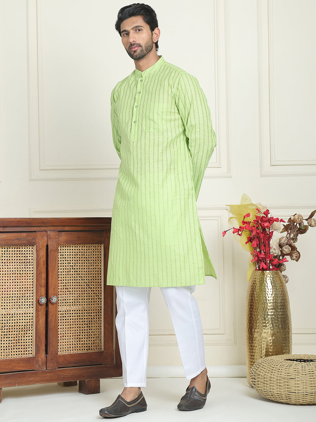 Men's Cotton Striped Kurta Pyjama Set ( JOKP P 5207 Green )
