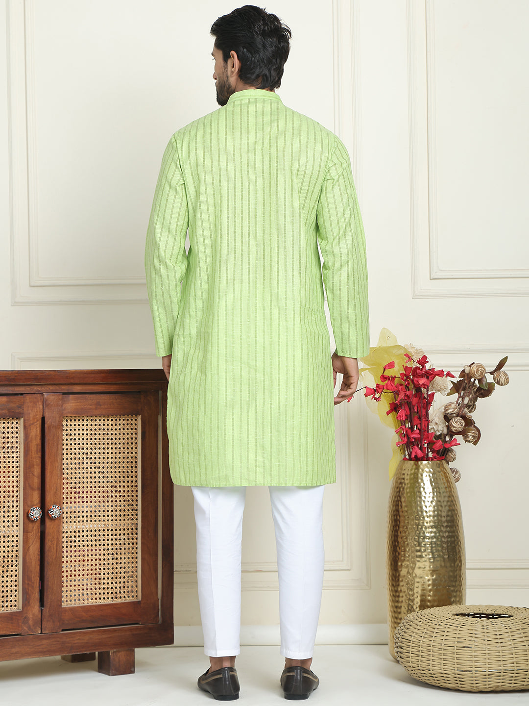 Men's Cotton Striped Kurta Pyjama Set ( JOKP P 5207 Green )