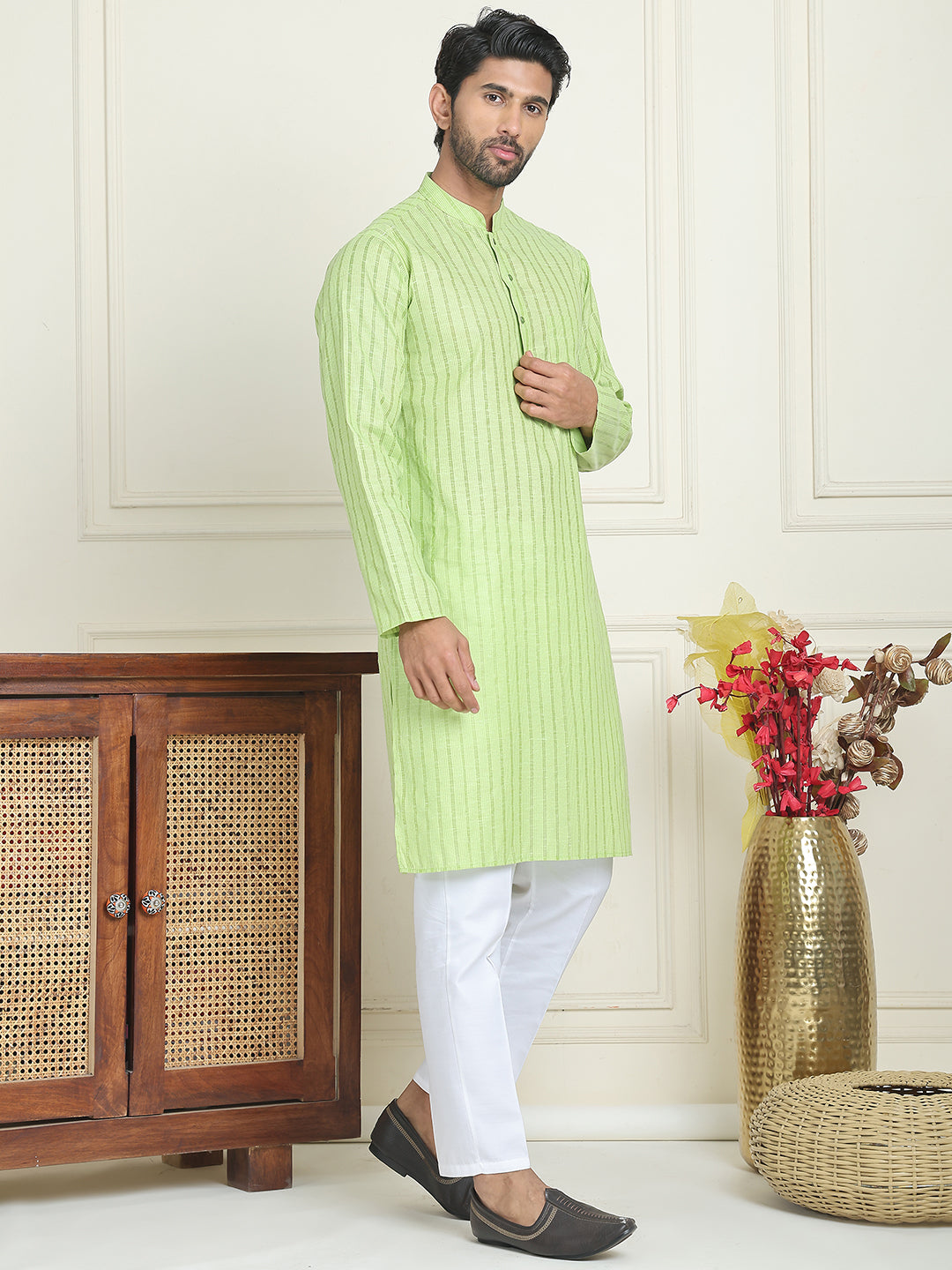 Men's Cotton Striped Kurta Pyjama Set ( JOKP P 5207 Green )