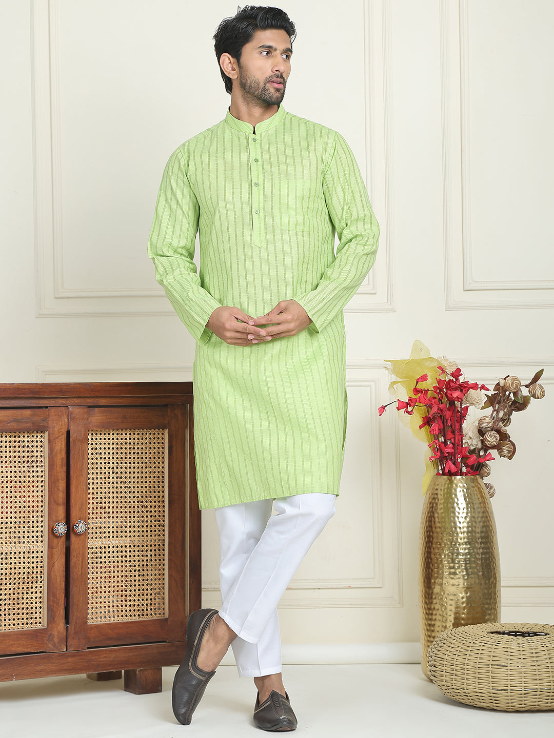 Men's Cotton Striped Kurta Pyjama Set ( JOKP P 5207 Green )