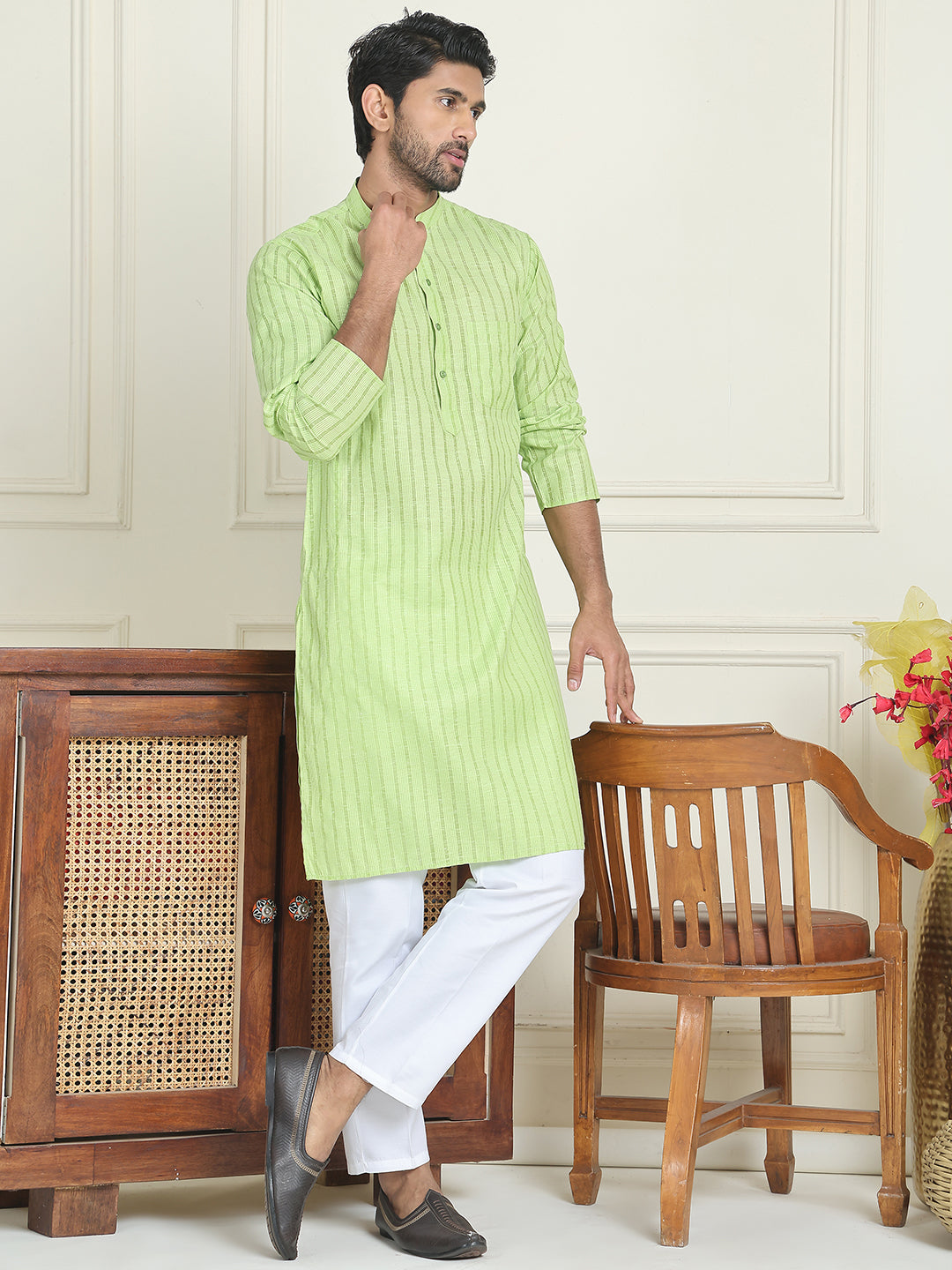 Men's Cotton Striped Kurta Pyjama Set ( JOKP P 5207 Green )