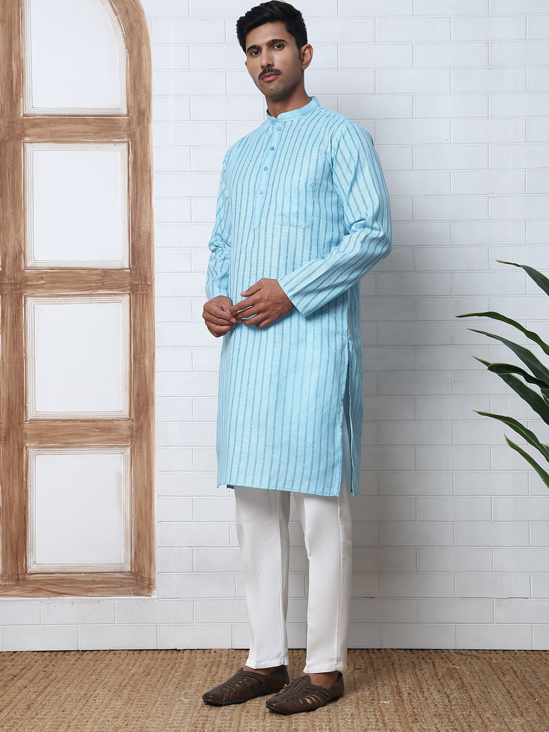 Men's Cotton Striped Kurta Pyjama Set ( JOKP P 5207 P 5207Sky ) [FF] [R-2-3]