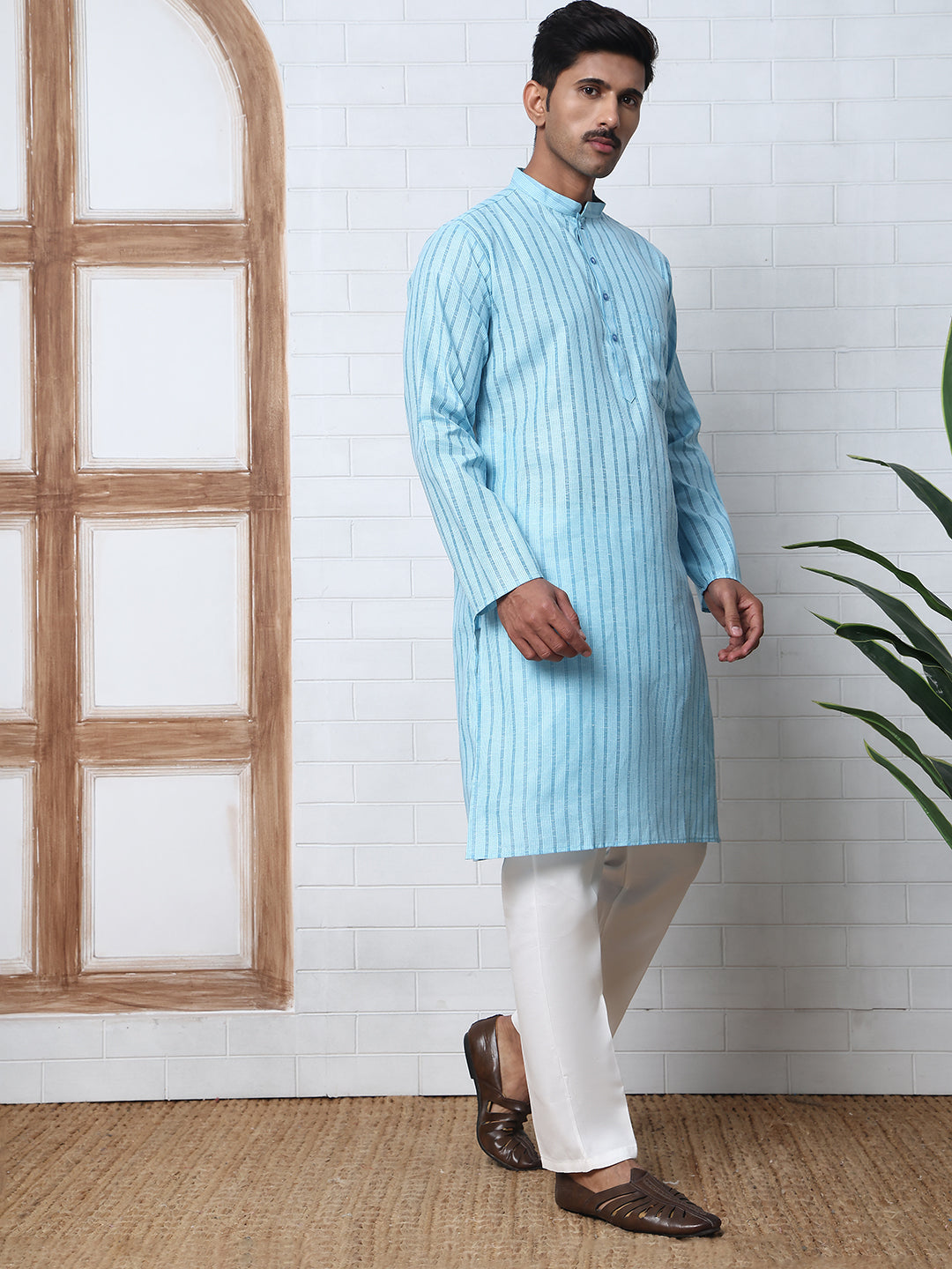 Men's Cotton Striped Kurta Pyjama Set ( JOKP P 5207 P 5207Sky ) [FF] [R-2-3]