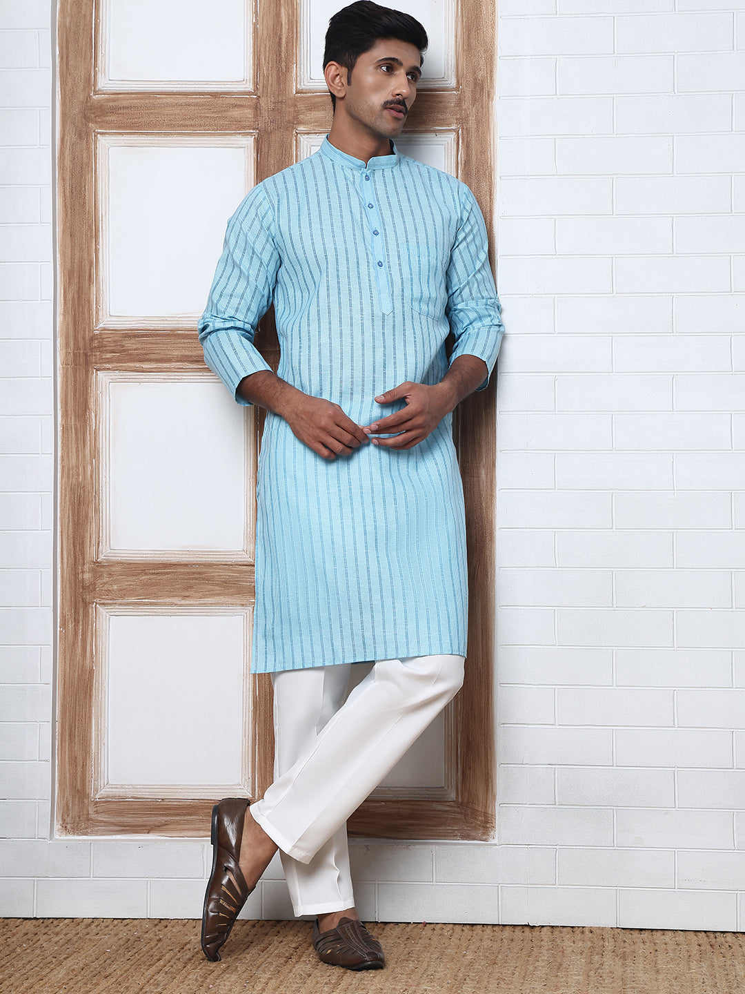 Men's Cotton Striped Kurta Pyjama Set ( JOKP P 5207 P 5207Sky ) [FF] [R-2-3]