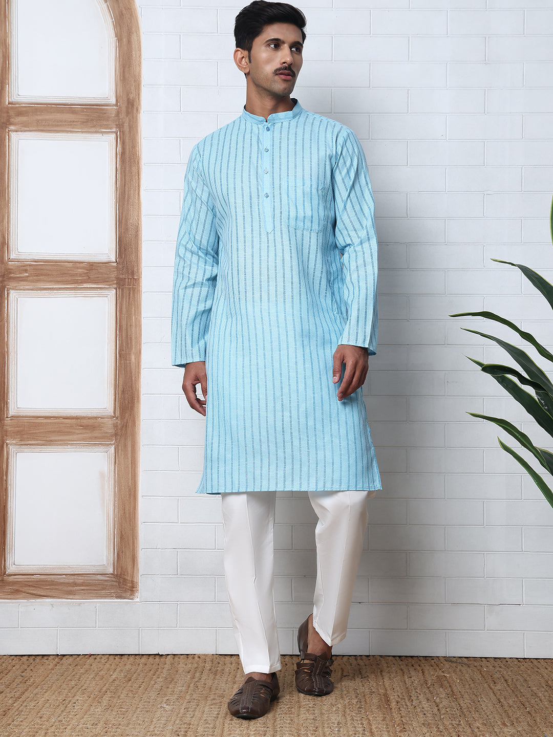 Men's Cotton Striped Kurta Pyjama Set ( JOKP P 5207 P 5207Sky ) [FF] [R-2-3]
