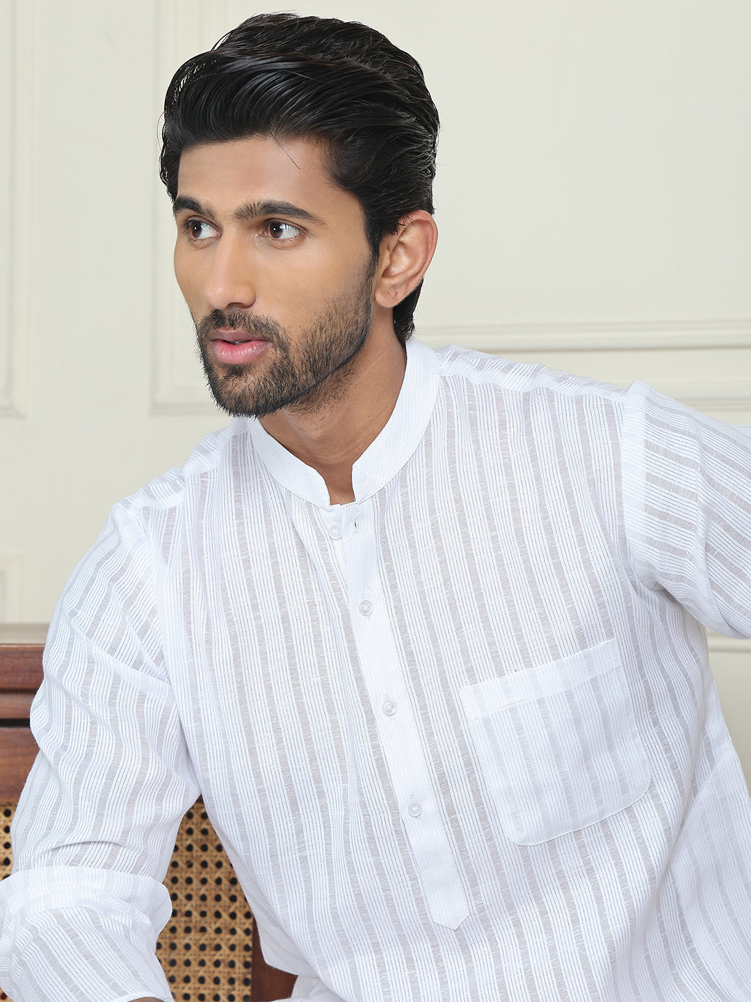 Men's Cotton Striped Kurta Pyjama Set ( JOKP P 5207 White )
