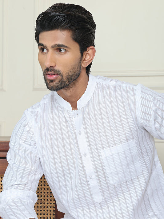 Men's Cotton Striped Kurta Pyjama Set ( JOKP P 5207 White )