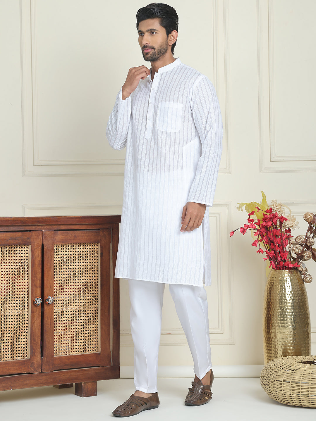 Men's Cotton Striped Kurta Pyjama Set ( JOKP P 5207 White )