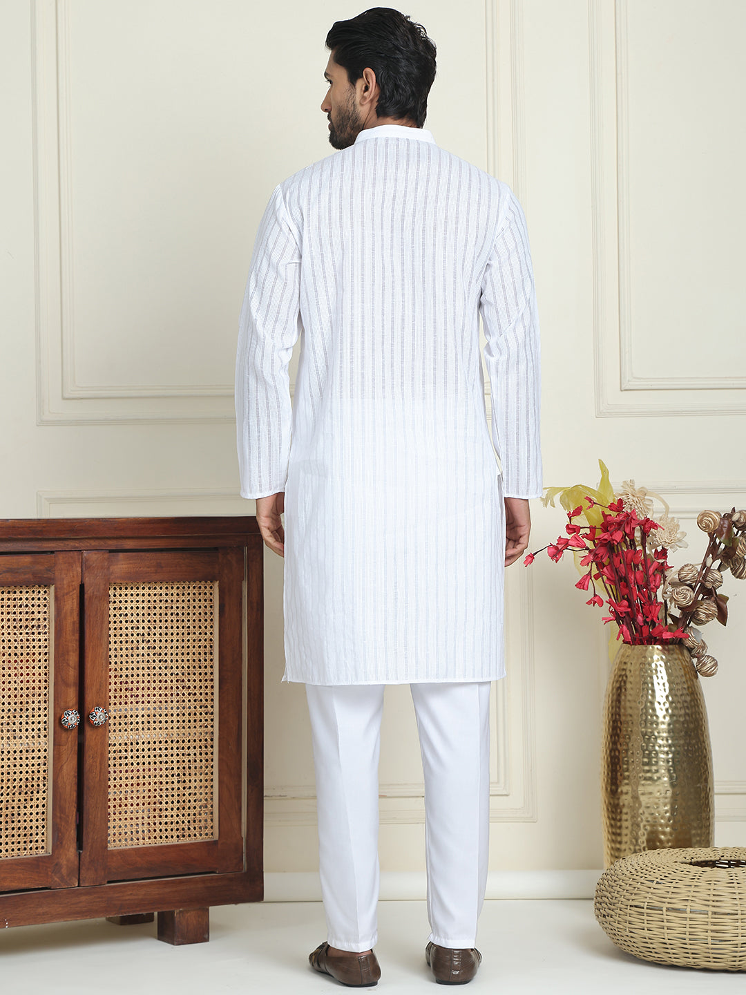 Men's Cotton Striped Kurta Pyjama Set ( JOKP P 5207 White )