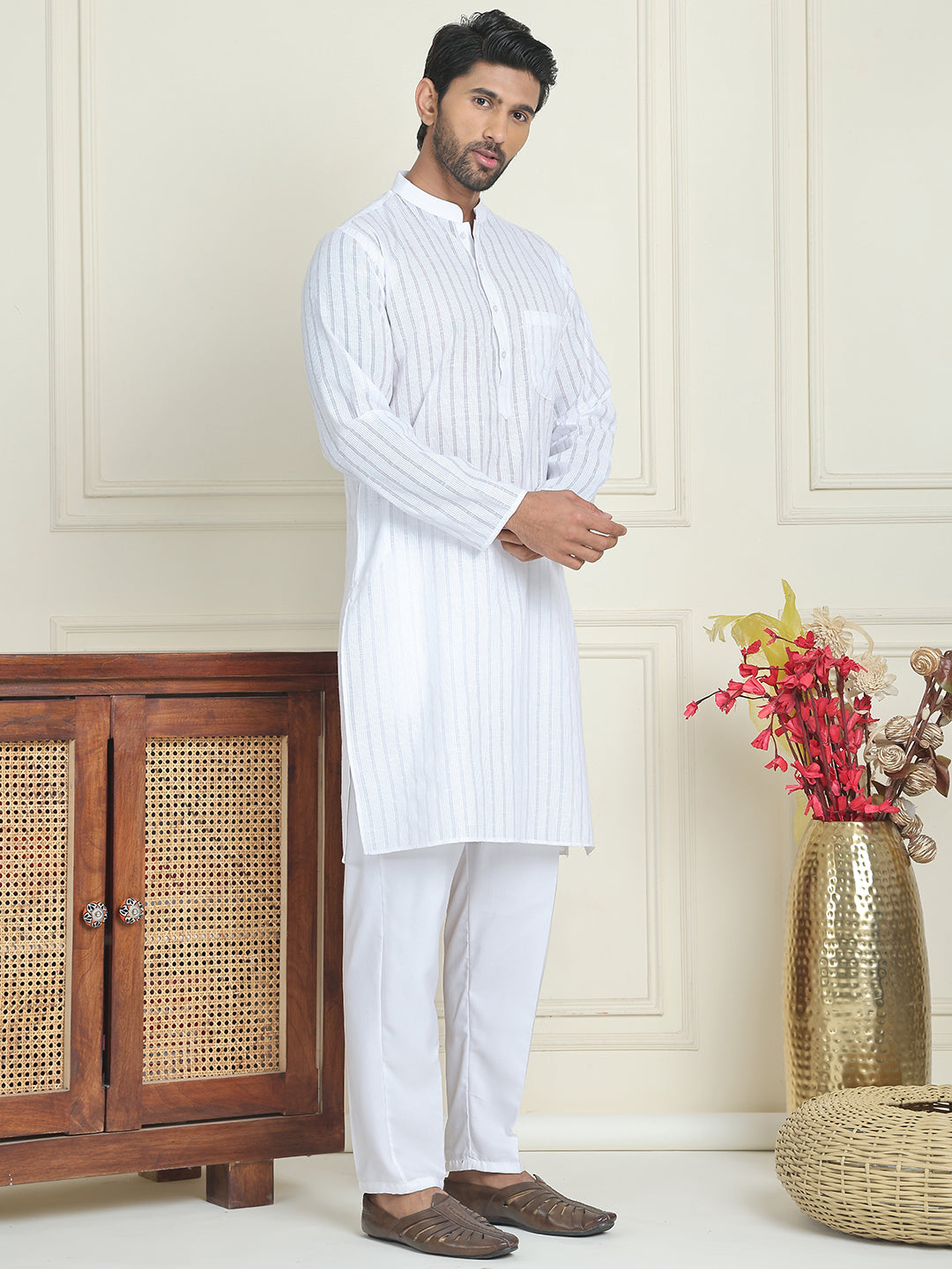 Men's Cotton Striped Kurta Pyjama Set ( JOKP P 5207 White )