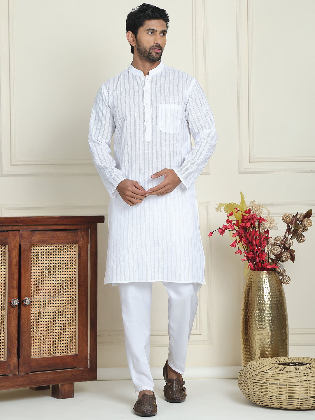 Men's Cotton Striped Kurta Pyjama Set ( JOKP P 5207 White )