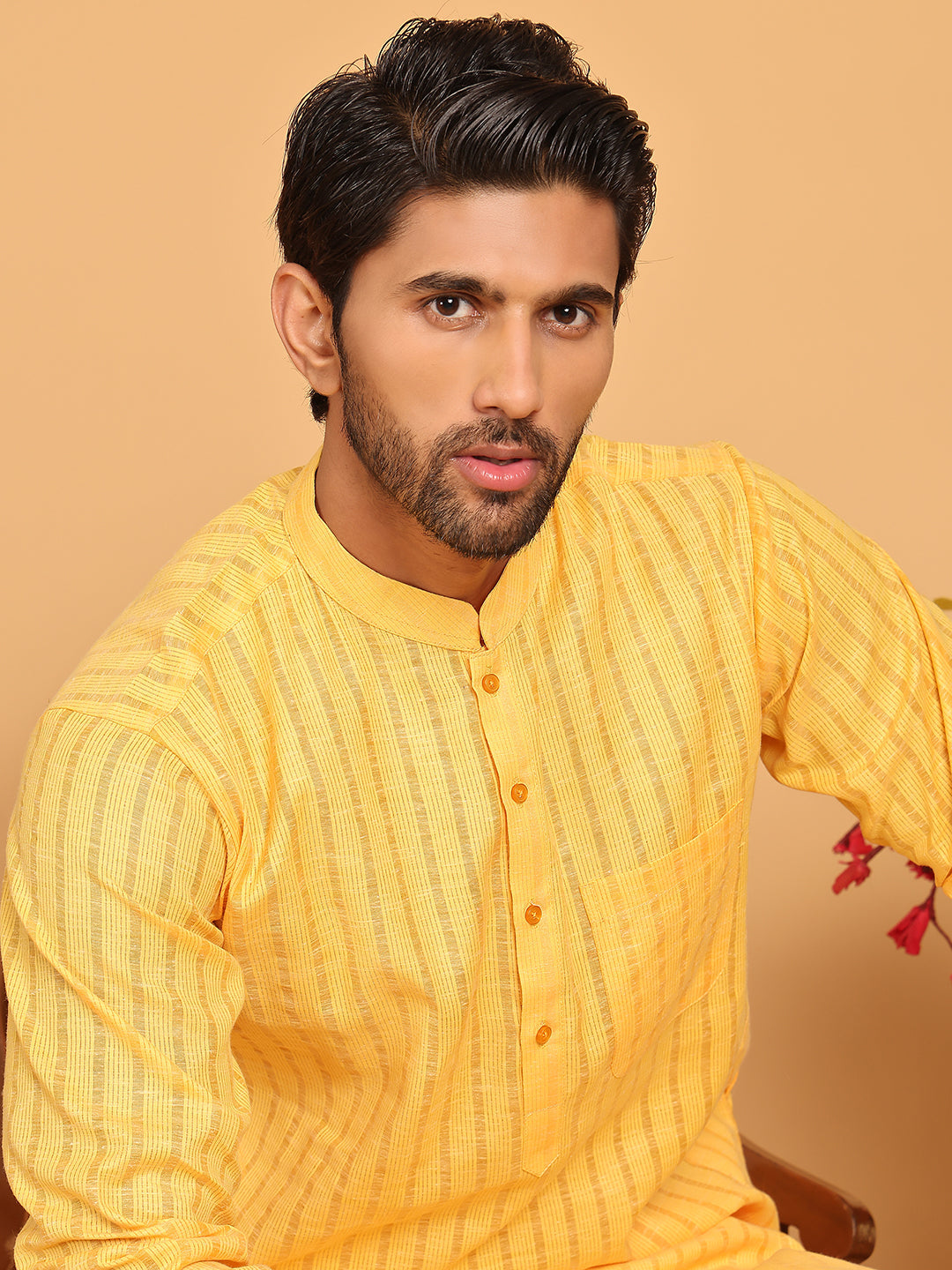 Men's Cotton Striped Kurta Pyjama Set ( JOKP P 5207 Yellow )