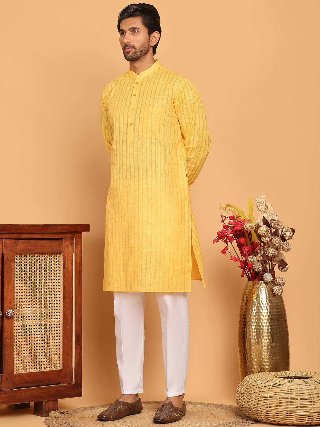 Men's Cotton Striped Kurta Pyjama Set ( JOKP P 5207 Yellow )