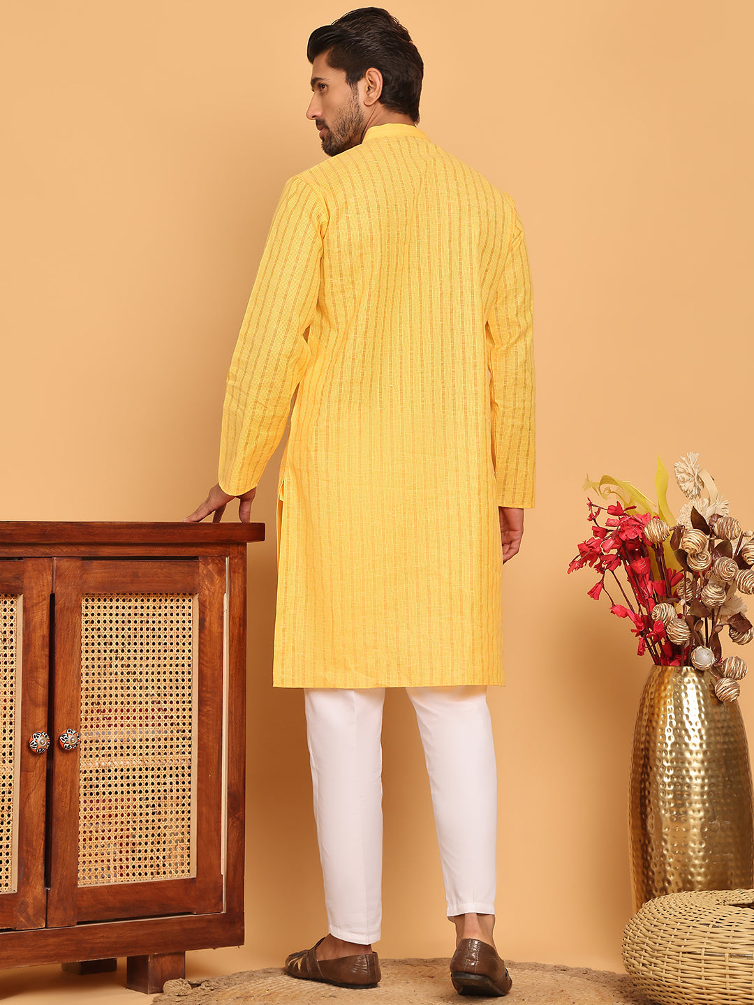 Men's Cotton Striped Kurta Pyjama Set ( JOKP P 5207 Yellow )