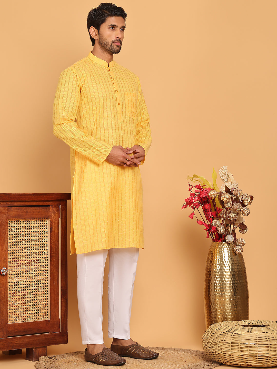 Men's Cotton Striped Kurta Pyjama Set ( JOKP P 5207 Yellow )