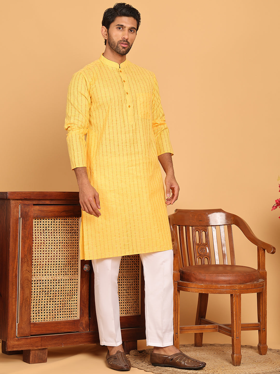 Men's Cotton Striped Kurta Pyjama Set ( JOKP P 5207 Yellow )
