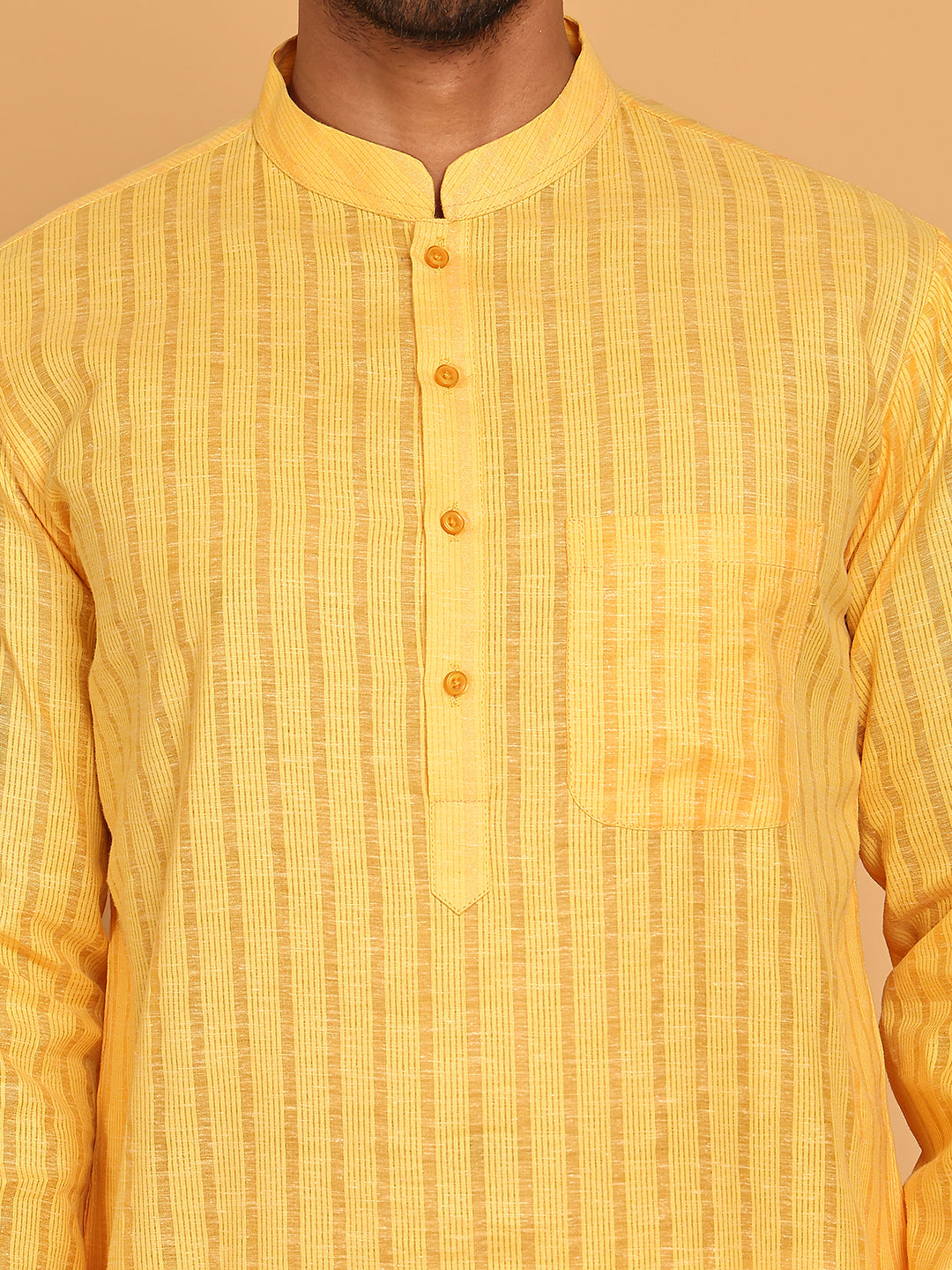 Men's Cotton Striped Kurta Pyjama Set ( JOKP P 5207 Yellow )