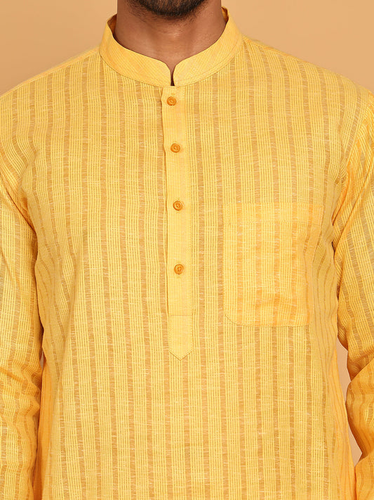Men's Cotton Striped Kurta Pyjama Set ( JOKP P 5207 Yellow )