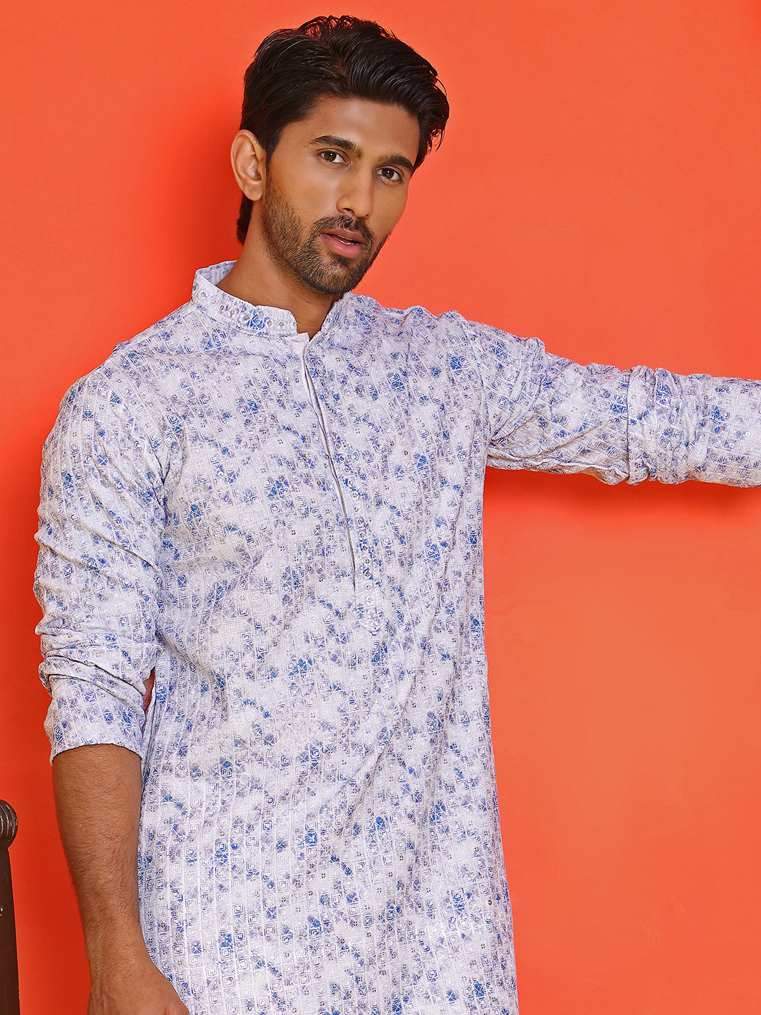 Sequin Embroidered Pure Cotton Kurta with Pyjamas ( JOKP P 5208 Blue )