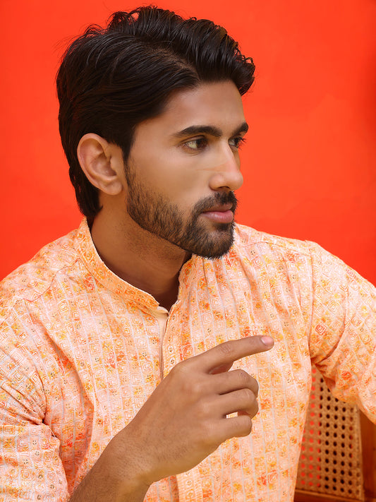 Sequin Embroidered Pure Cotton Kurta with Pyjamas ( JOKP P 5208 Orange ) [FF] [I-1-4]