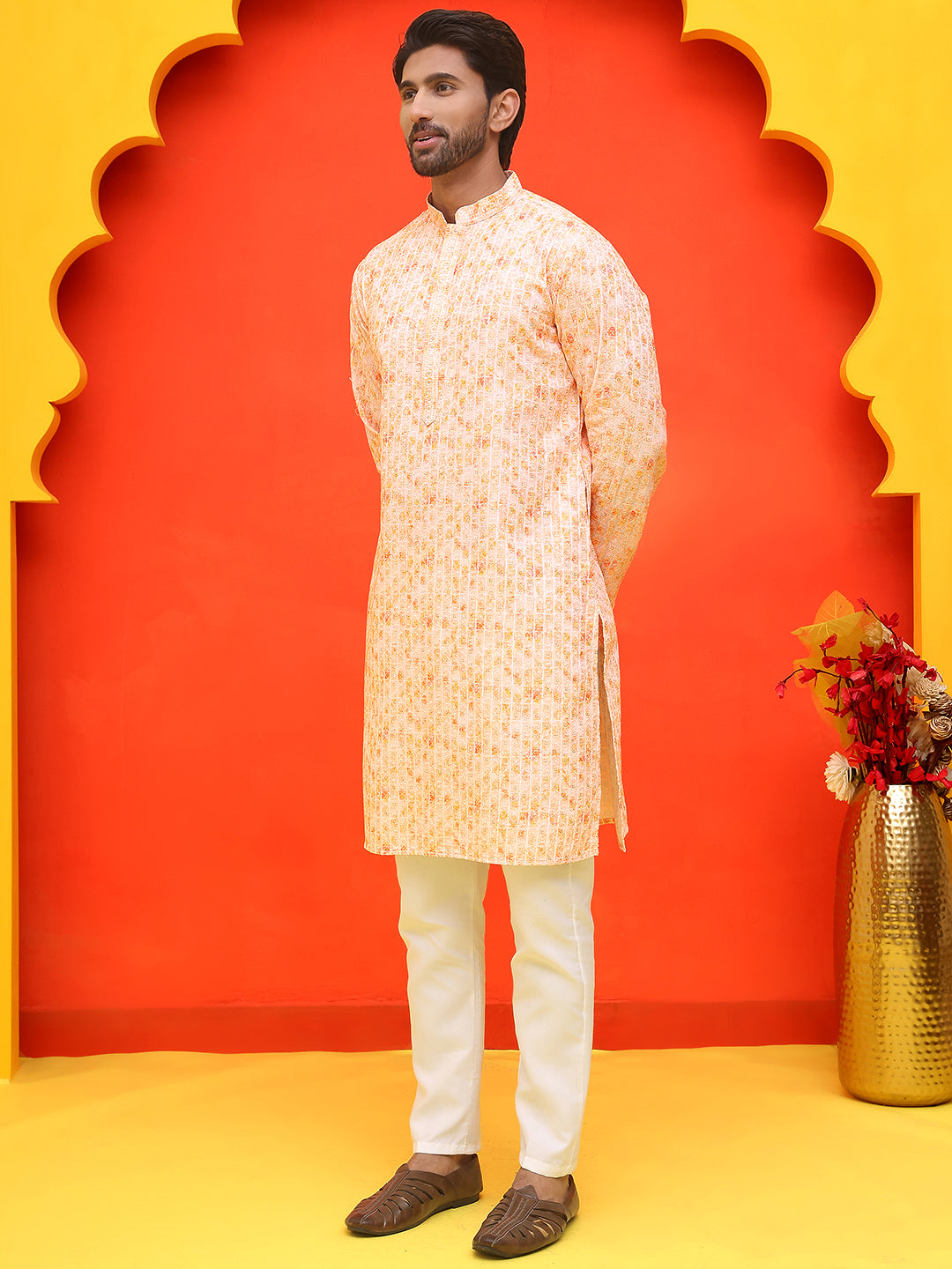 Sequin Embroidered Pure Cotton Kurta with Pyjamas ( JOKP P 5208 Orange ) [FF] [I-1-4]