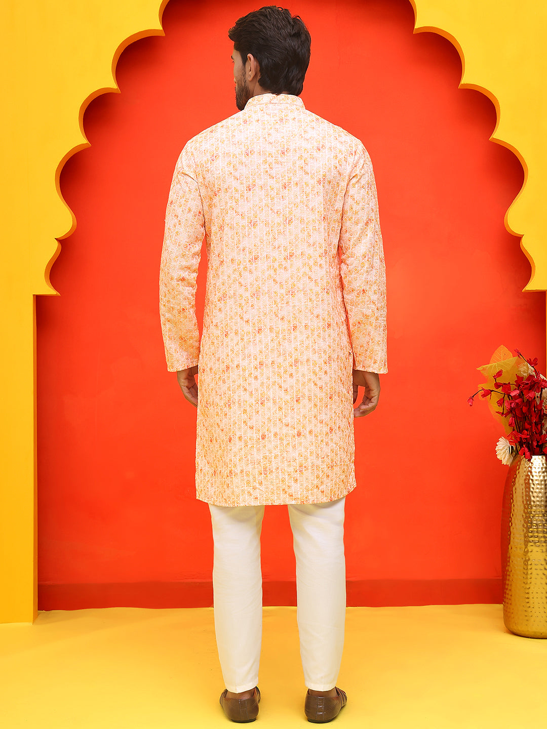 Sequin Embroidered Pure Cotton Kurta with Pyjamas ( JOKP P 5208 Orange ) [FF] [I-1-4]
