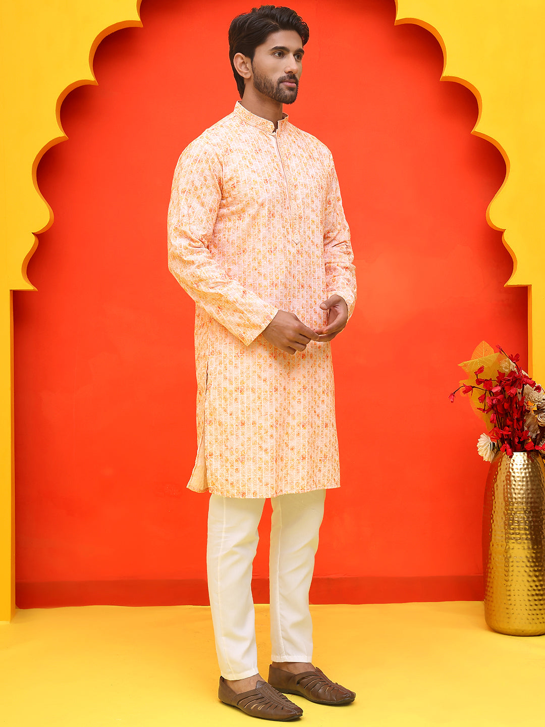 Sequin Embroidered Pure Cotton Kurta with Pyjamas ( JOKP P 5208 Orange ) [FF] [I-1-4]
