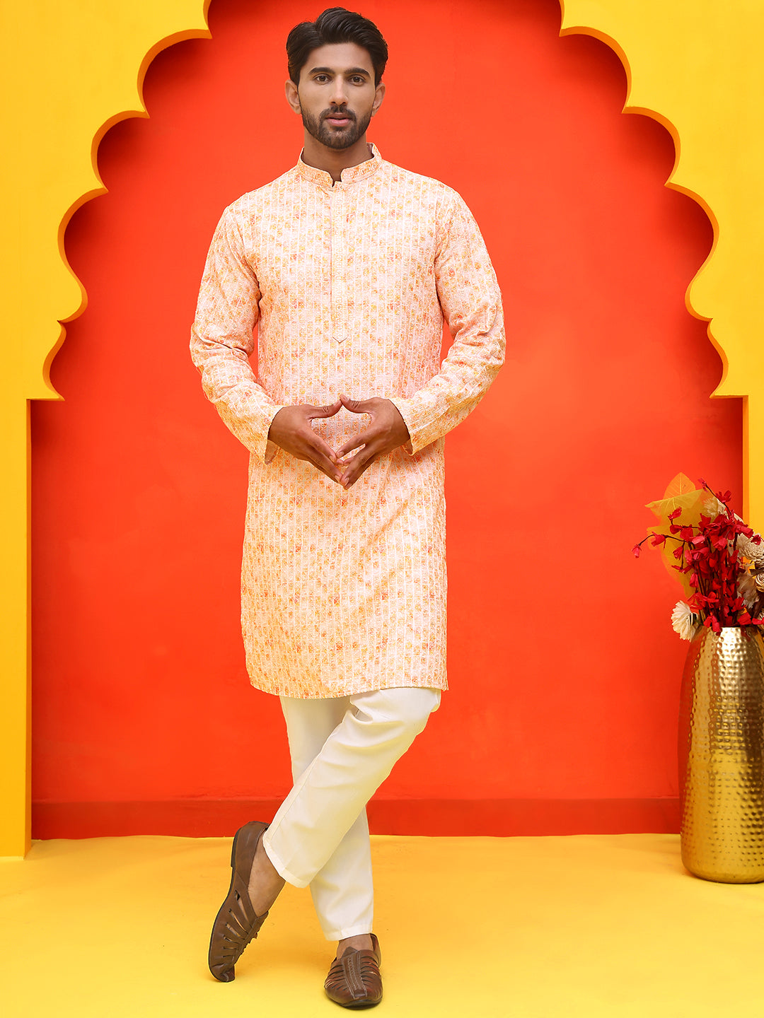 Sequin Embroidered Pure Cotton Kurta with Pyjamas ( JOKP P 5208 Orange ) [FF] [I-1-4]