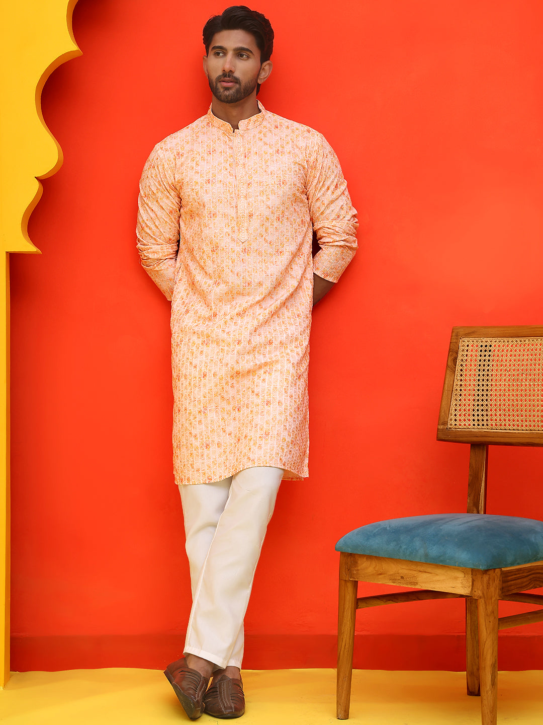 Sequin Embroidered Pure Cotton Kurta with Pyjamas ( JOKP P 5208 Orange ) [FF] [I-1-4]