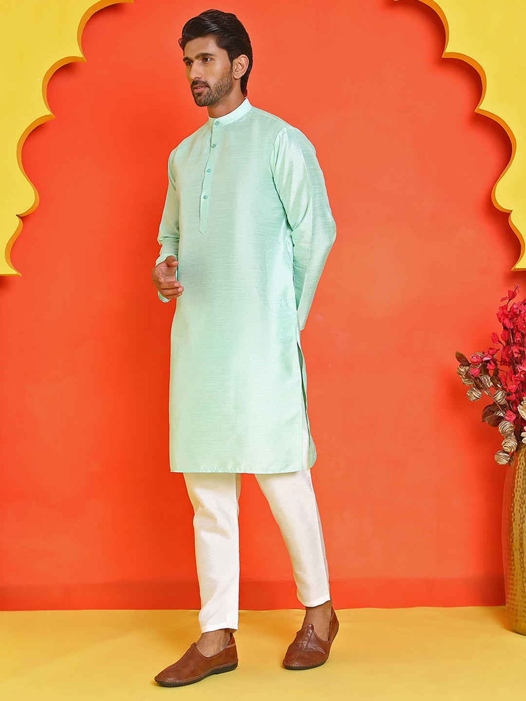 Solid Silk Kurta with Pyjamas ( JOKP P 5209 Green )