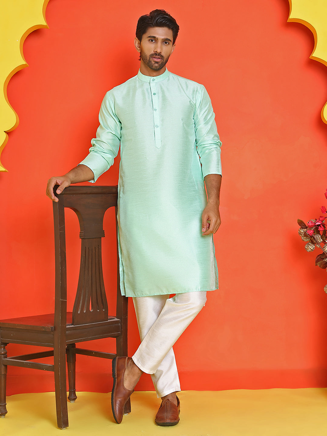Solid Silk Kurta with Pyjamas ( JOKP P 5209 Green )